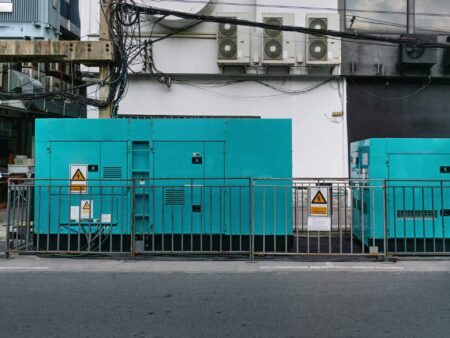 Commercial emergency power generator installed outside a business.