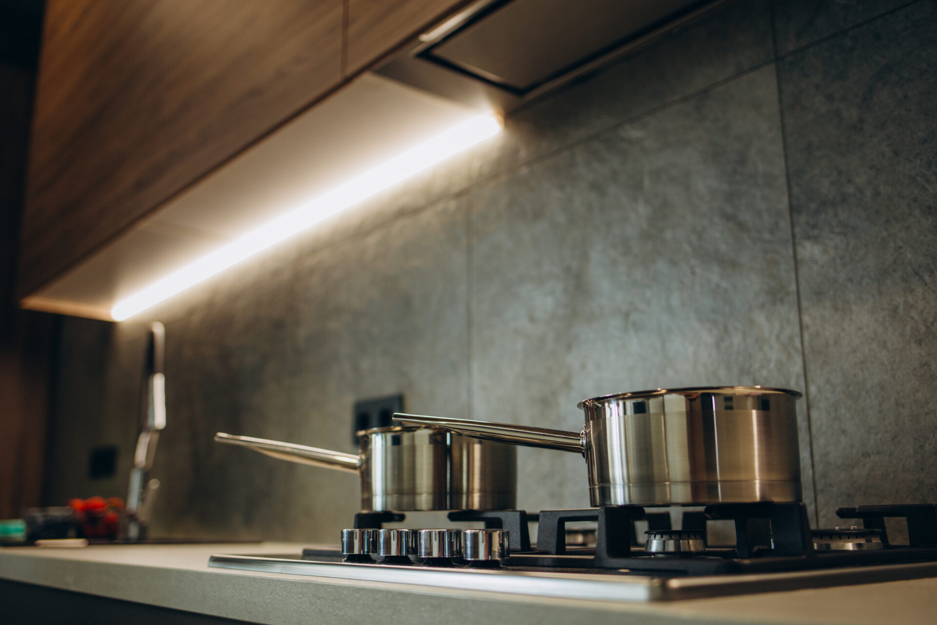 Pot on the gas Stove and Cooking in Kitchen.